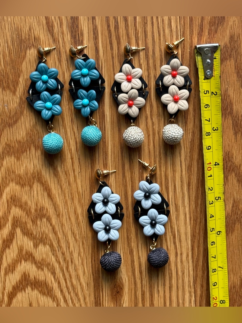 Floral Drop Earrings with Bead Accent - Blue, Cream, Light Blue